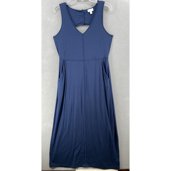 J Jill Dress Womens Small Blue Maxi Tank Keyhole Button Back Sun Dress Stretch - Picture 1 of 13